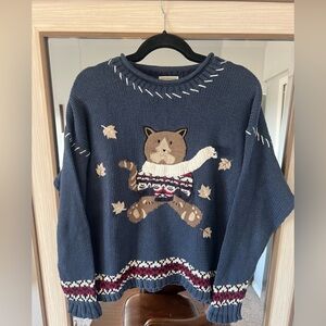 Christopher & Banks Vintage Cat Sweater Hand Embroidered Blue Size Med Cotton
